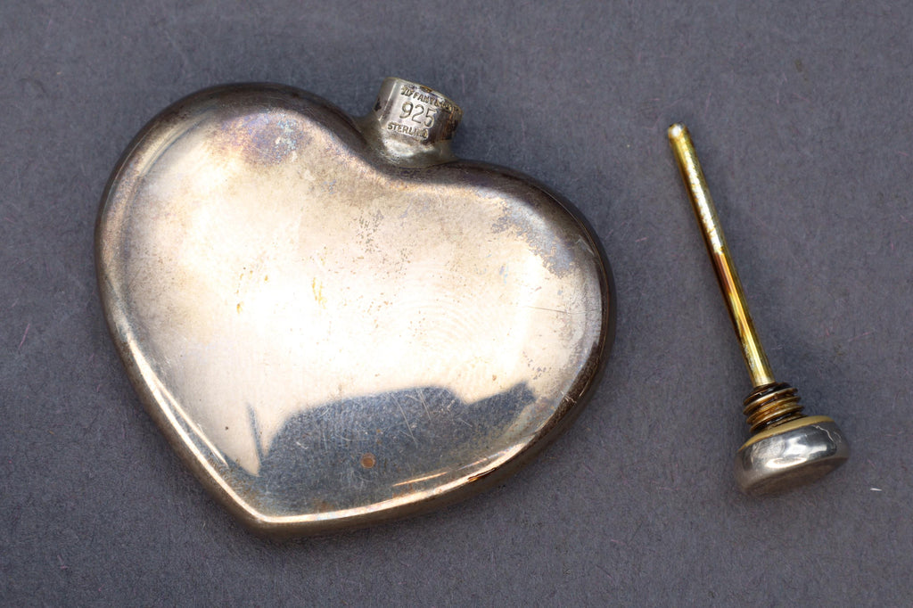 Tiffany & Co Perfume Bottle, A Vintage Sterling Silver Snuff Bottle With Brand Hallmarks. No Engravings, Small Heart Shaped Bottle Flask