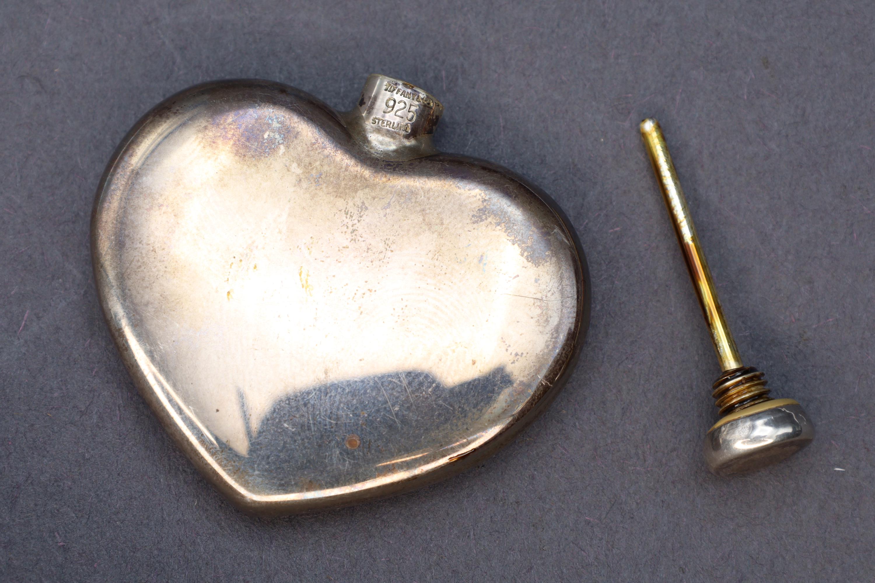 Tiffany & Co Perfume Bottle, A Vintage Sterling Silver Snuff Bottle With Brand Hallmarks. No Engravings, Small Heart Shaped Bottle Flask