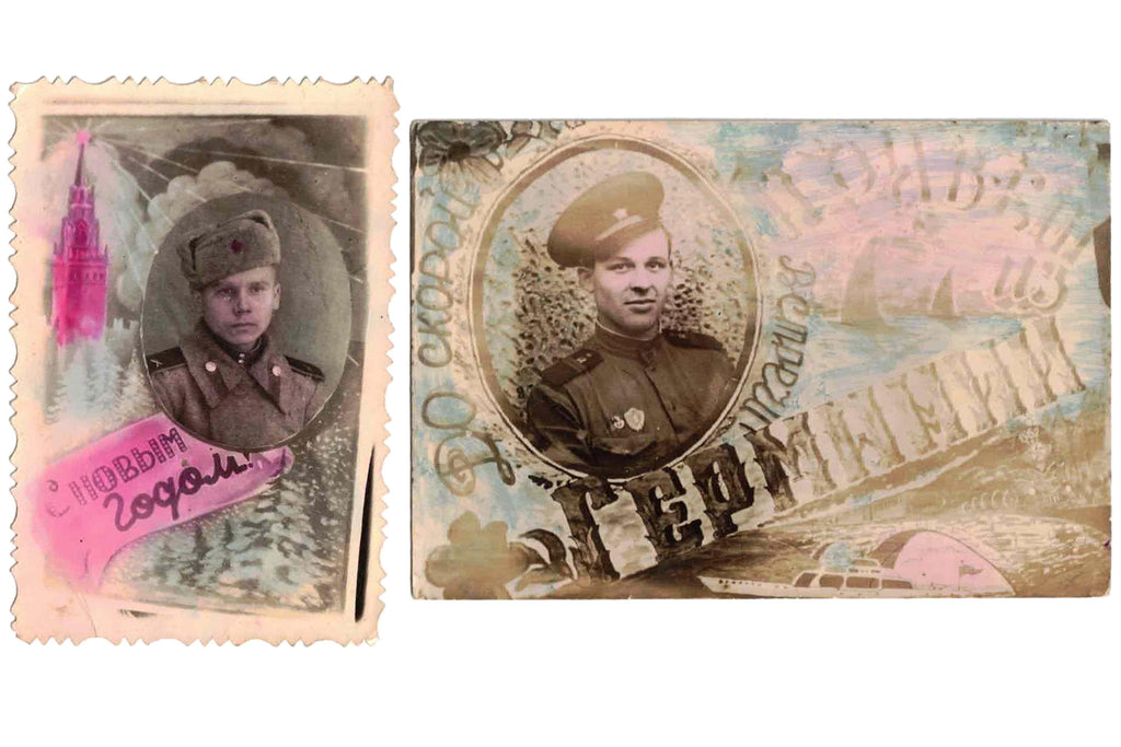 Original 1940s USSR Military Historical Documents, Pair Of Photograph Depicting Soviet Soldiers With Handwritten Notes To Their Families