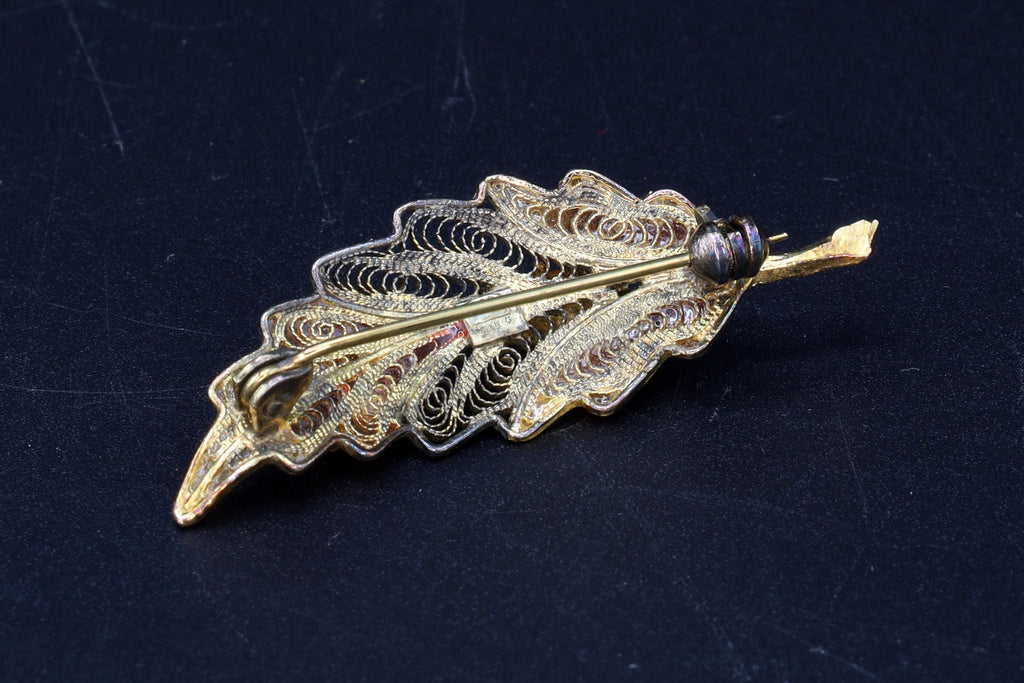 Ladybird On Autumn Leaf Brooch, 1940s Italy Genova 149 PIOMBO SILVIO, Hallmarked Italian Jewelry, 800 Silver Plique au Jour Enamel Filigree