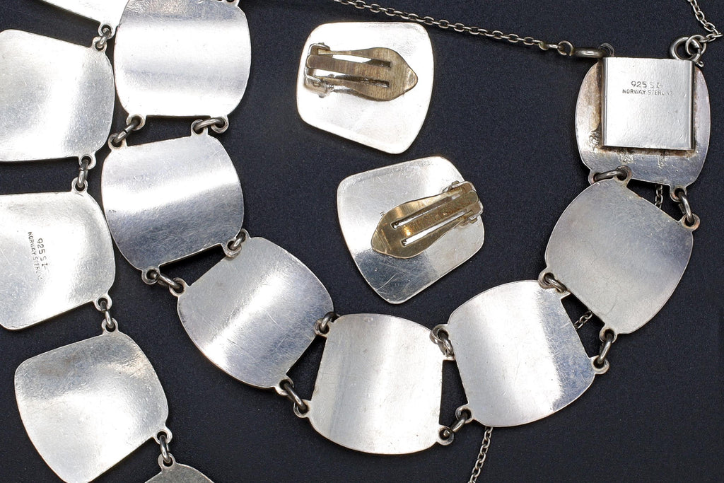 Karl Rasmussen Norway, Vintage Modernist Jewelry Set, White Enamel And 925 Sterling Silver Panel Links, Norway Scandinavian Fashion