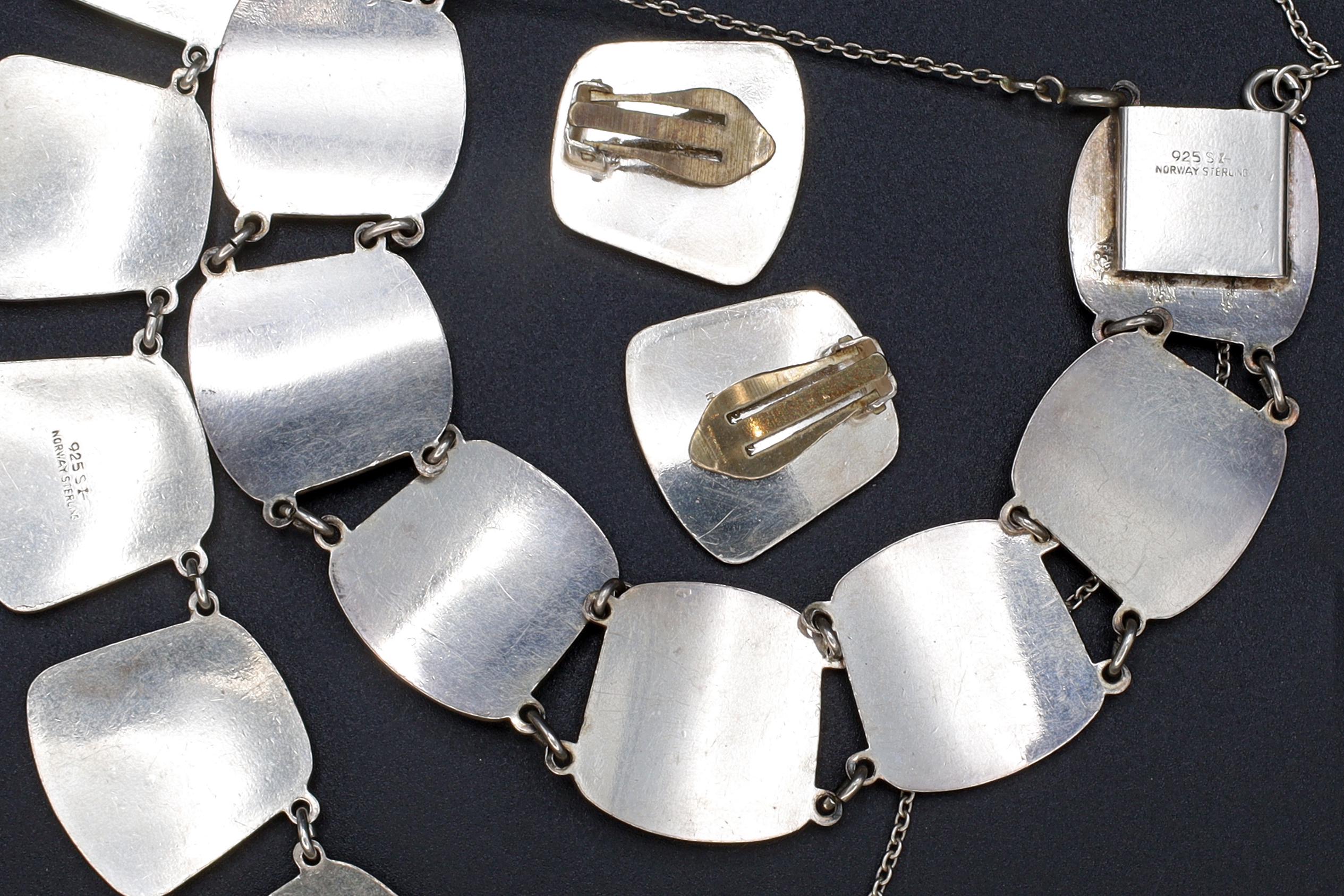 Karl Rasmussen Norway, Vintage Modernist Jewelry Set, White Enamel And 925 Sterling Silver Panel Links, Norway Scandinavian Fashion