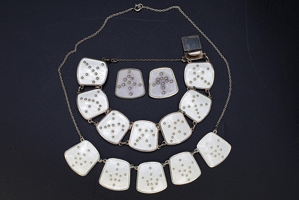 Karl Rasmussen Norway, Vintage Modernist Jewelry Set, White Enamel And 925 Sterling Silver Panel Links, Norway Scandinavian Fashion