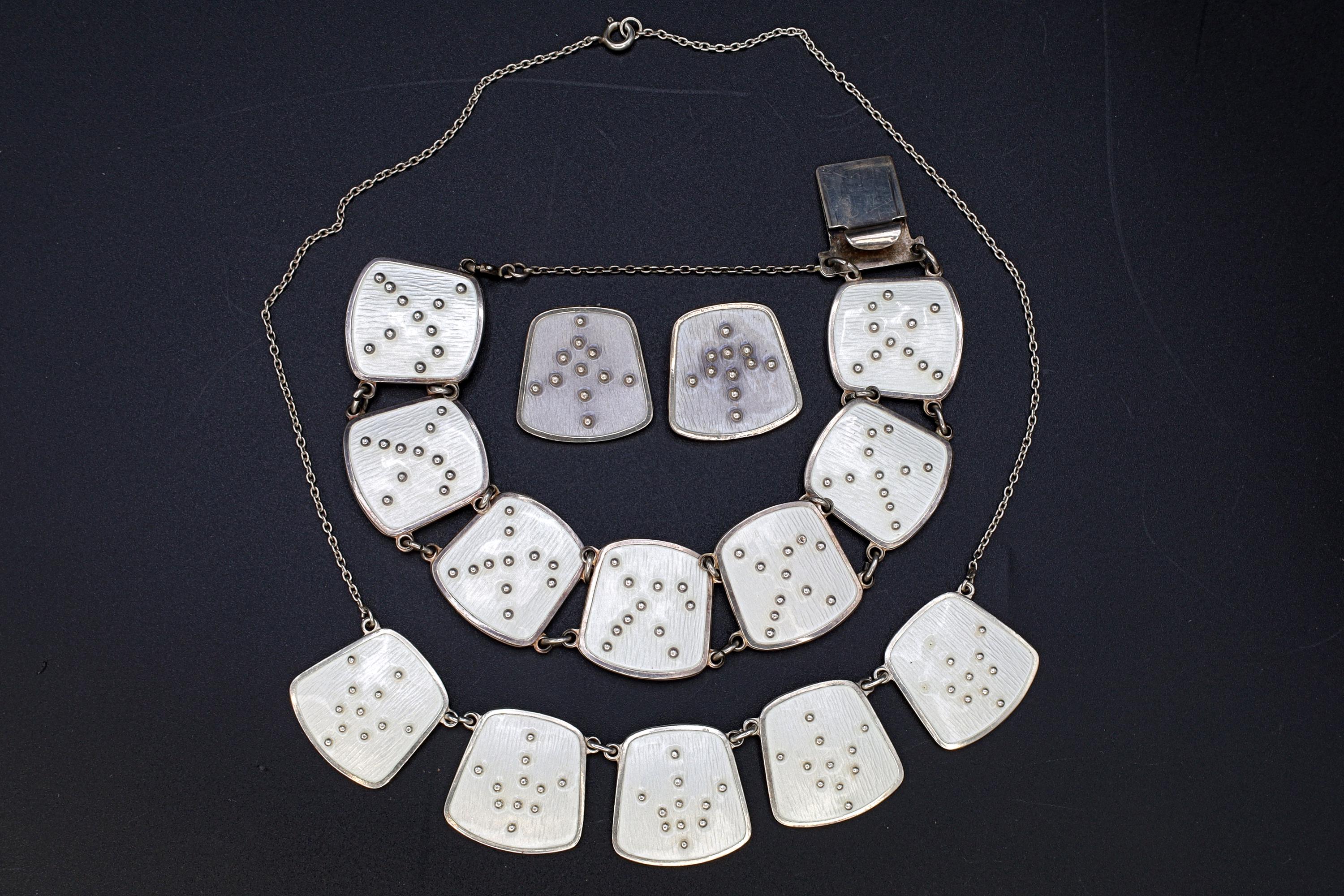 Karl Rasmussen Norway, Vintage Modernist Jewelry Set, White Enamel And 925 Sterling Silver Panel Links, Norway Scandinavian Fashion