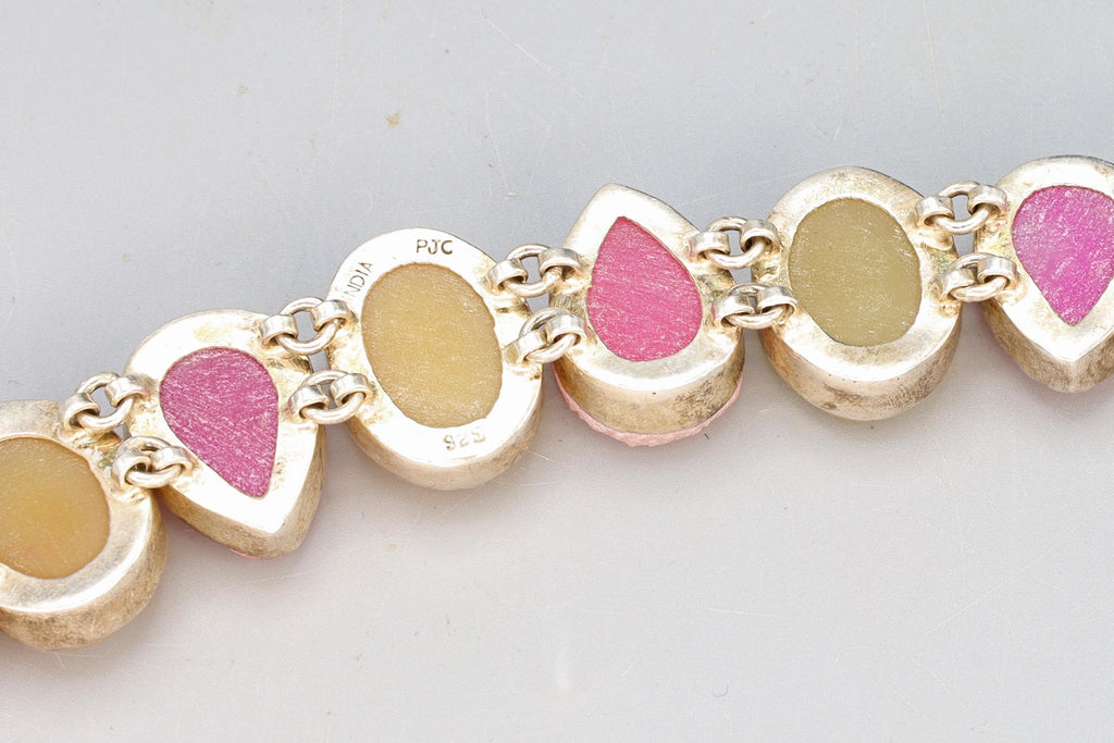 Vintage Multistone Panel Link Bracelet With Pink And Tan Druzy Quartz, Sterling Silver Jewelry For Women, Sparkling Stones