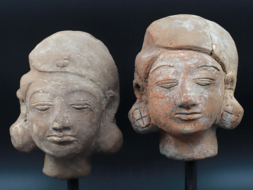 Majapahit Terracotta Heads, A Pair Of Female Sculptures On Metal Stands, East Java, Indonesia, Ethnic Southeast Asia Home Decoration Accents