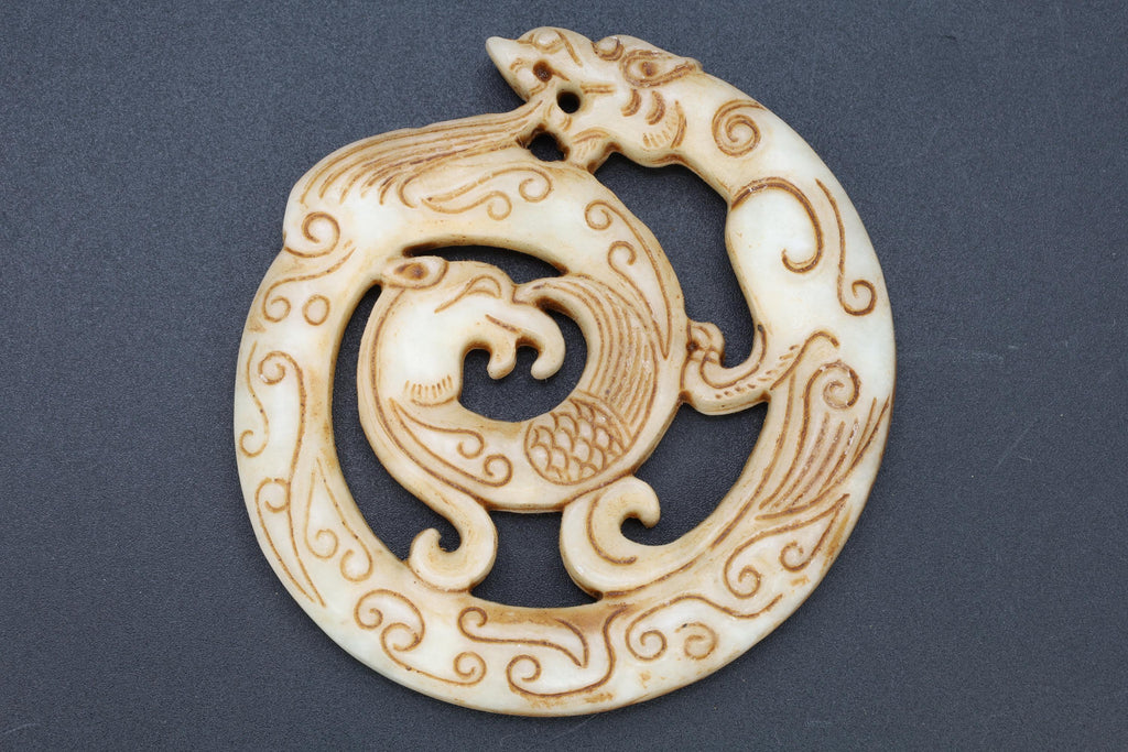Chinese Round Amulet, Carved Stone Dragon And Phoenix Mythological Animals, Two Sided Round Pendant, Feng Shui, Oriental Asian Accessories