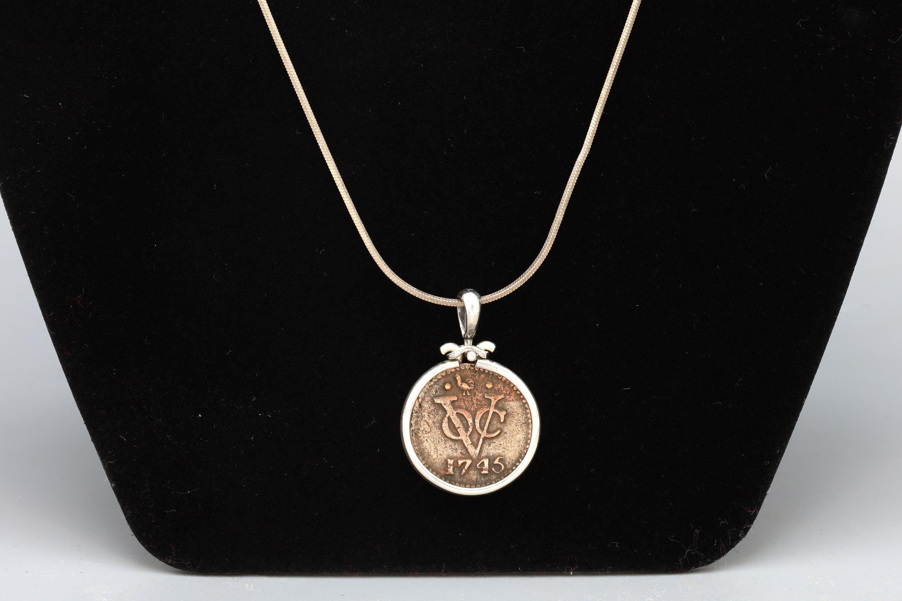 Sterling Silver Pendant With A Dutch East India Company Copper Coin VOC 1745, Coin Jewelry Art, Unisex Fashion, 18th Century Coins