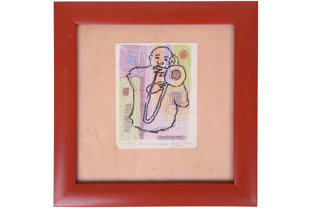 Meyer Frank Lieberman Mixed Media Ink And Watercolor Drawing Painting On Paper, Jazz Musician, Hand Signed Contemporary Judaica Art