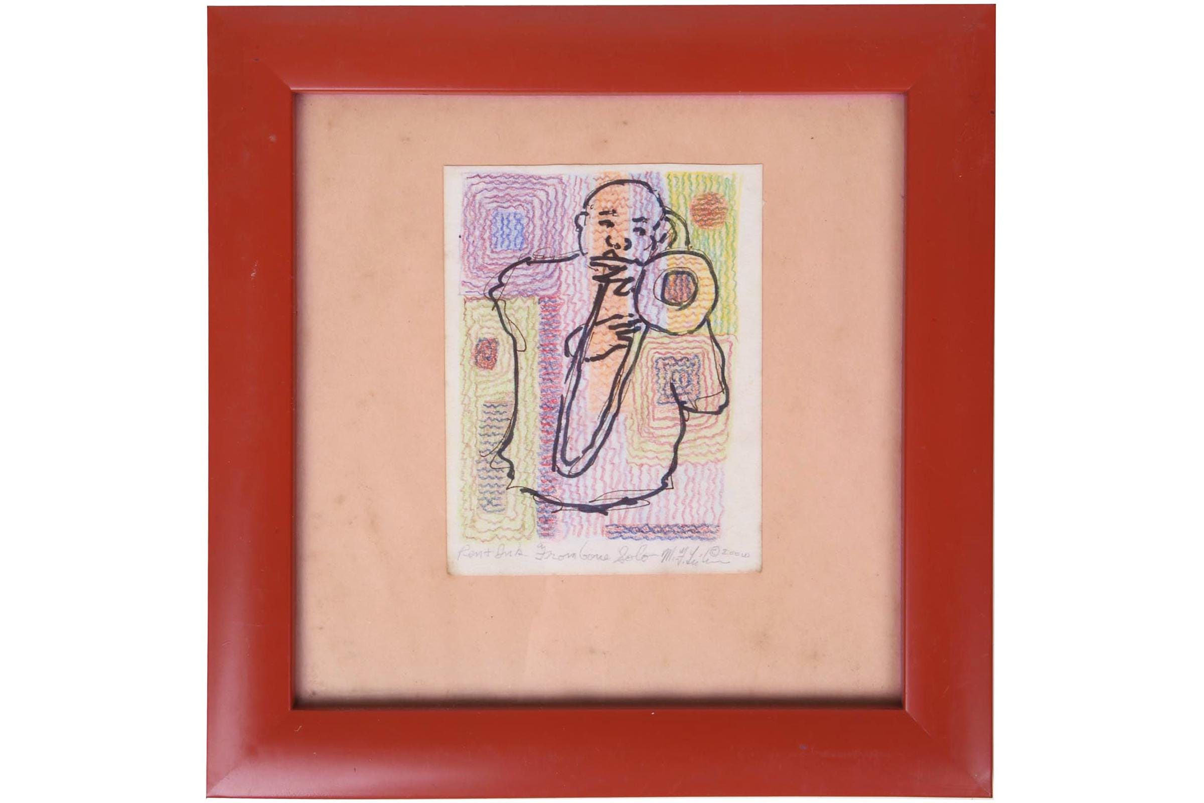 Meyer Frank Lieberman Mixed Media Ink And Watercolor Drawing Painting On Paper, Jazz Musician, Hand Signed Contemporary Judaica Art