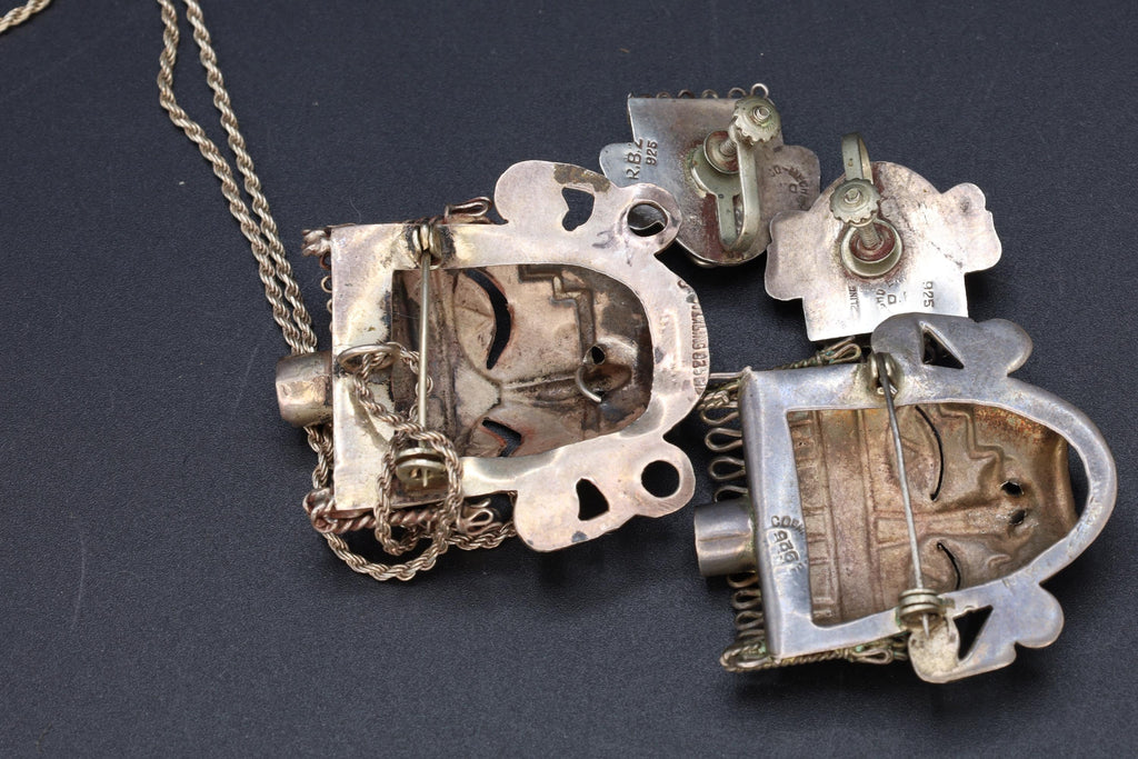 Taxco Mexico Jewelry Set, Pendant Necklace, Brooch, Matching Earrings, Warrior Aztec Mask In Art Deco Style, Vintage 1940s Sterling Silver