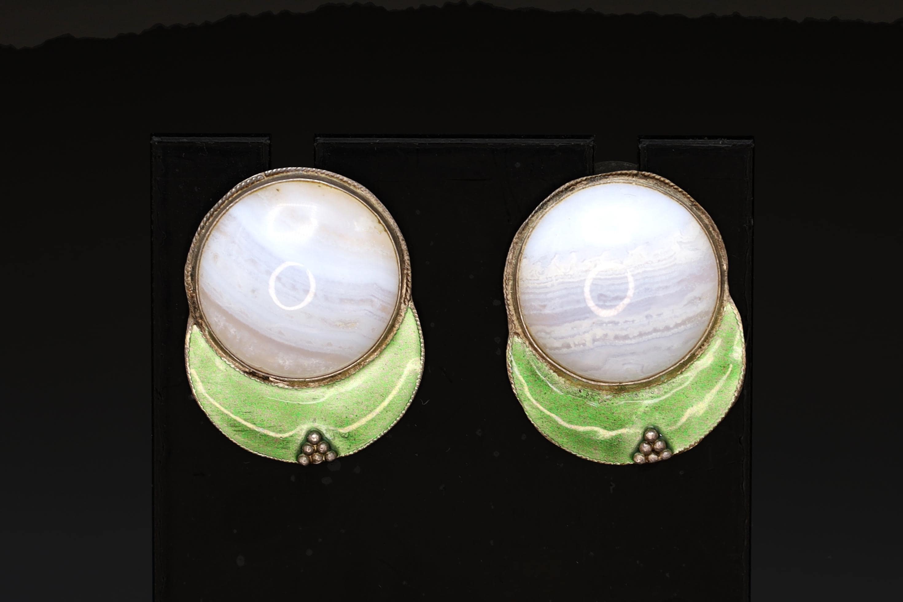 Large Stud Earrings, Green Enamel And Blue Banded Agate, Gold Gilt Wash Vermeil, Modernist Design, Vintage Fashion Accessories, Gift to her