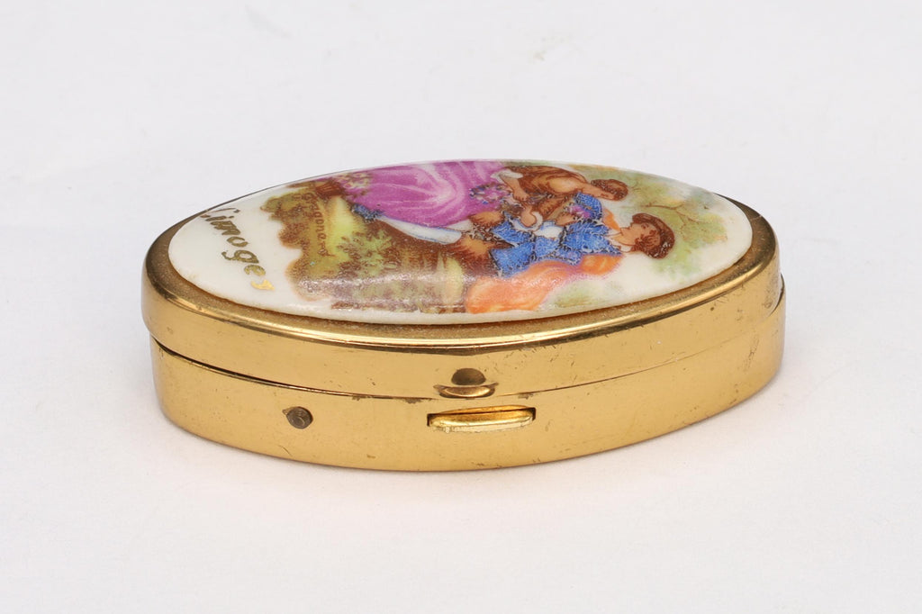 Limoges France, Small Oval Shaped Pill Box, Hand Painted Porcelain And Brass, Mid Century Box In A Rococo Art Style