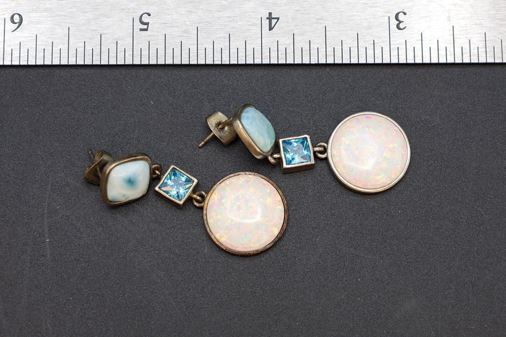 Avant Garde Drop Dangle Earrings, 925 Sterling Silver, Blue Larimar, Blue Topaz And Lab Opal Stones, Retro Fashion Jewelry, Vintage Dangles