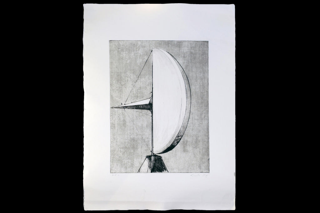 Italian Futurism Artwork By Carlo MO, Hand Signed 1980s Art Etching, Project Of Modernist Sculpture, Rare Artist Proof Copy Piece