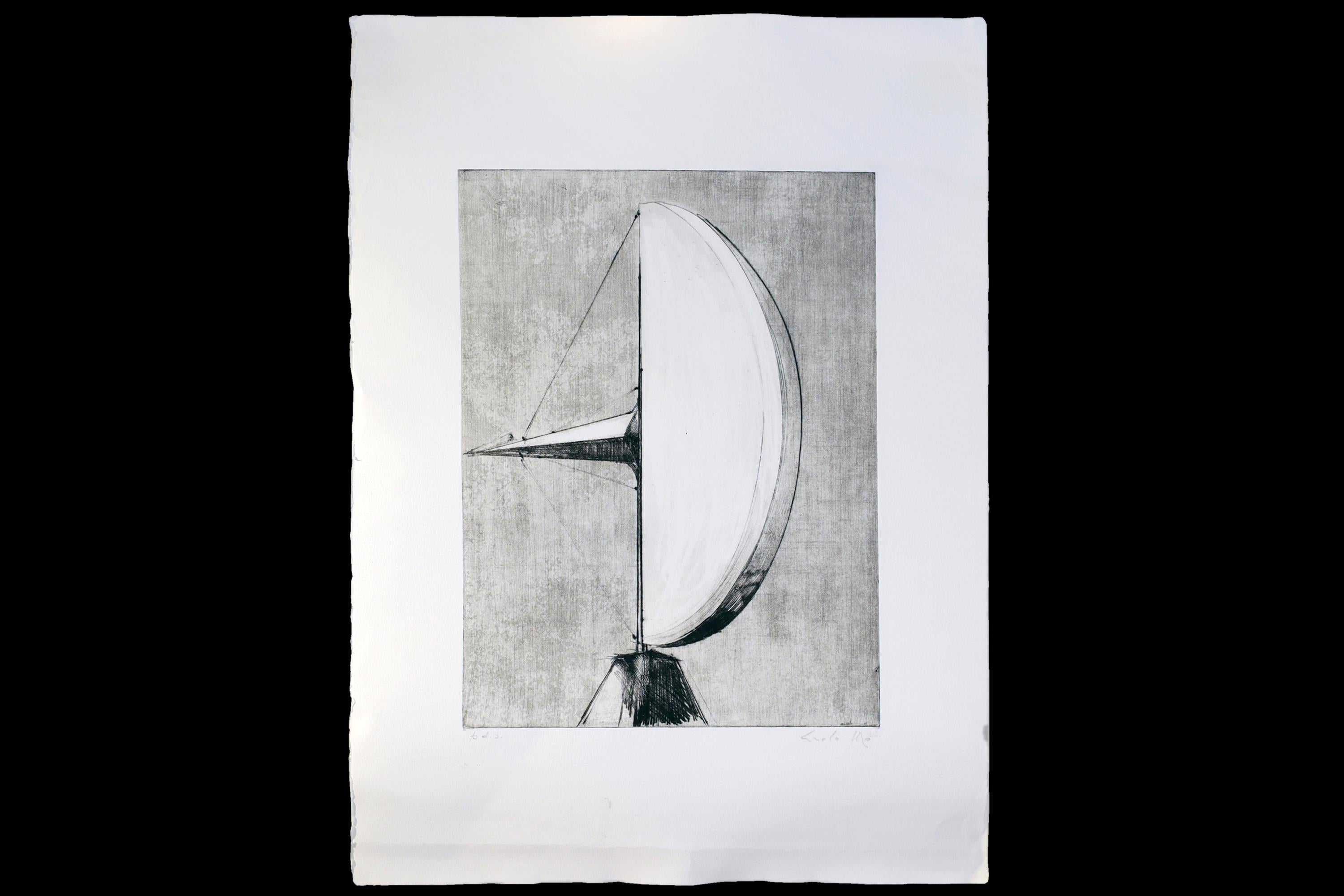 Italian Futurism Artwork By Carlo MO, Hand Signed 1980s Art Etching, Project Of Modernist Sculpture, Rare Artist Proof Copy Piece