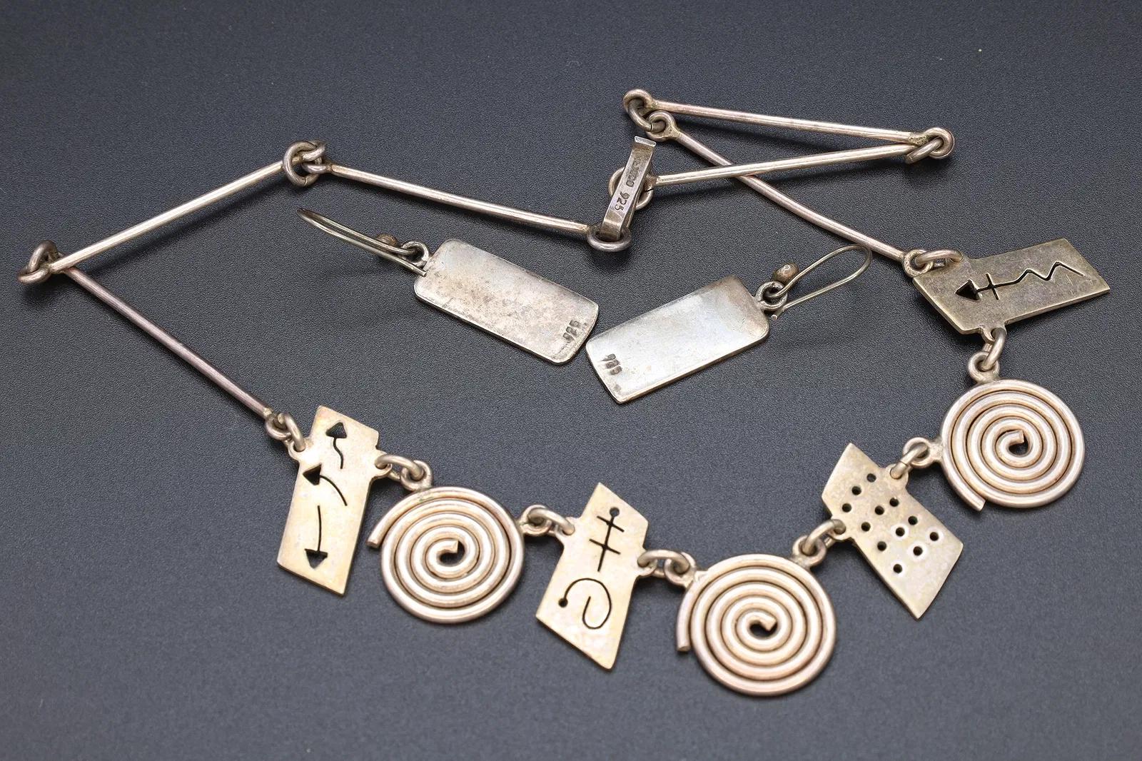 Vintage 1990s Jewelry Set, Bib Necklace And Dangle Earrings, Modernist Design, Mexican 925 Sterling Silver