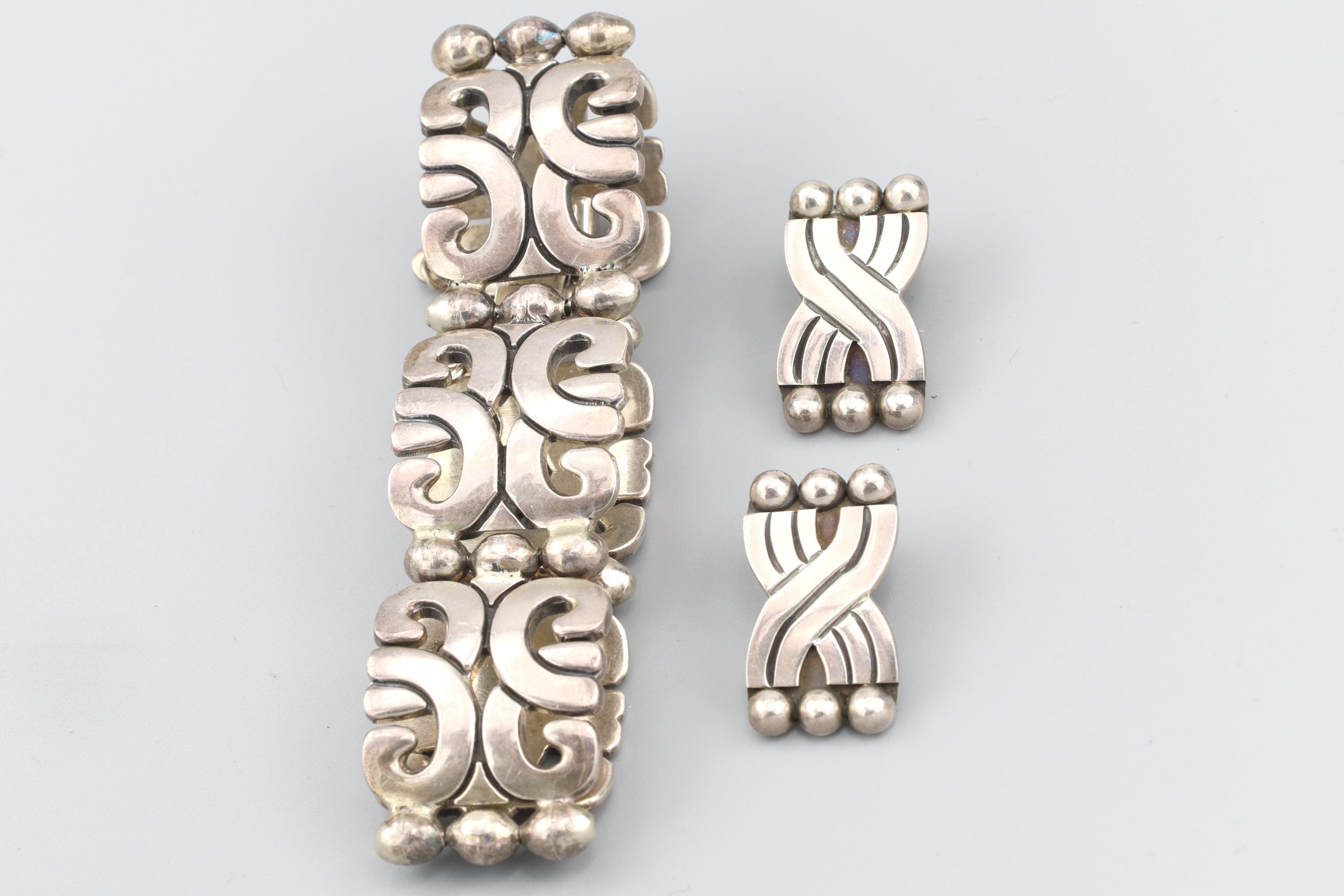 Vintage 1970s, Taxco Mexico Jewelry Group With Panel Link Bracelet And Clip-on Earrings, Art Deco Revival, Aztec Mayan Style, JLF And MWS