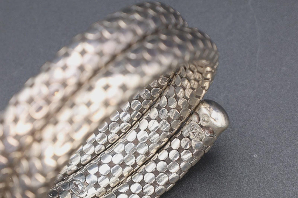Cleopatra Snake Cuff By Fashion Designer John Hardy, 925 Silver Coiled Polka Dot Cable Bracelet, Vintage Retired Model