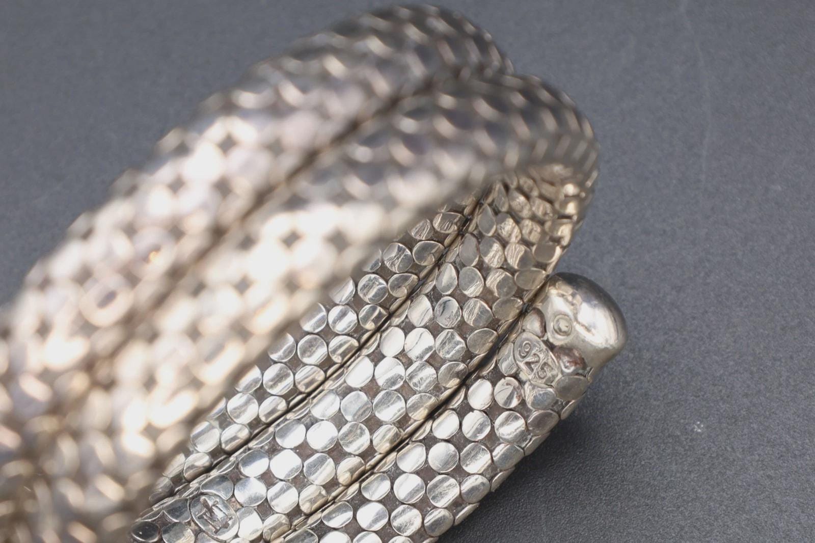 Cleopatra Snake Cuff By Fashion Designer John Hardy, 925 Silver Coiled Polka Dot Cable Bracelet, Vintage Retired Model
