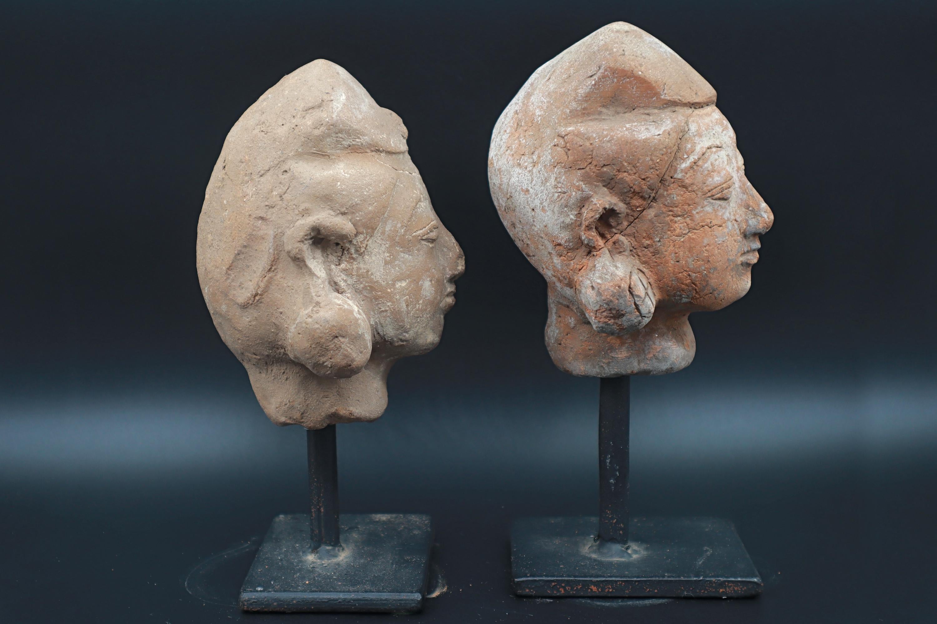 Majapahit Terracotta Heads, A Pair Of Female Sculptures On Metal Stands, East Java, Indonesia, Ethnic Southeast Asia Home Decoration Accents