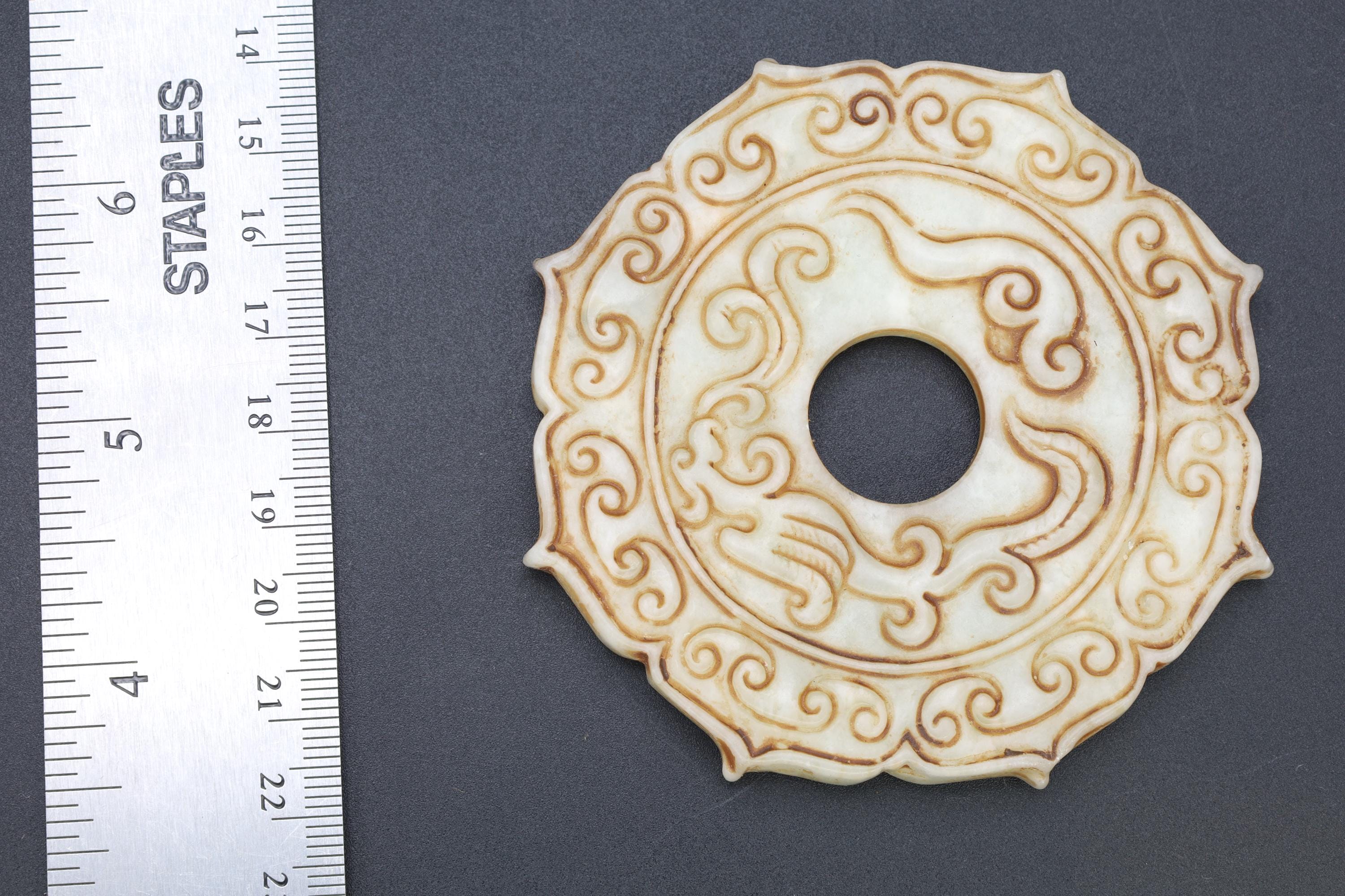 Chinese Round Amulet, Carved Stone Chilong Bi Disc Mythological Animals, Two Sided Round Pendant, Feng Shui, Oriental Asian Accessories