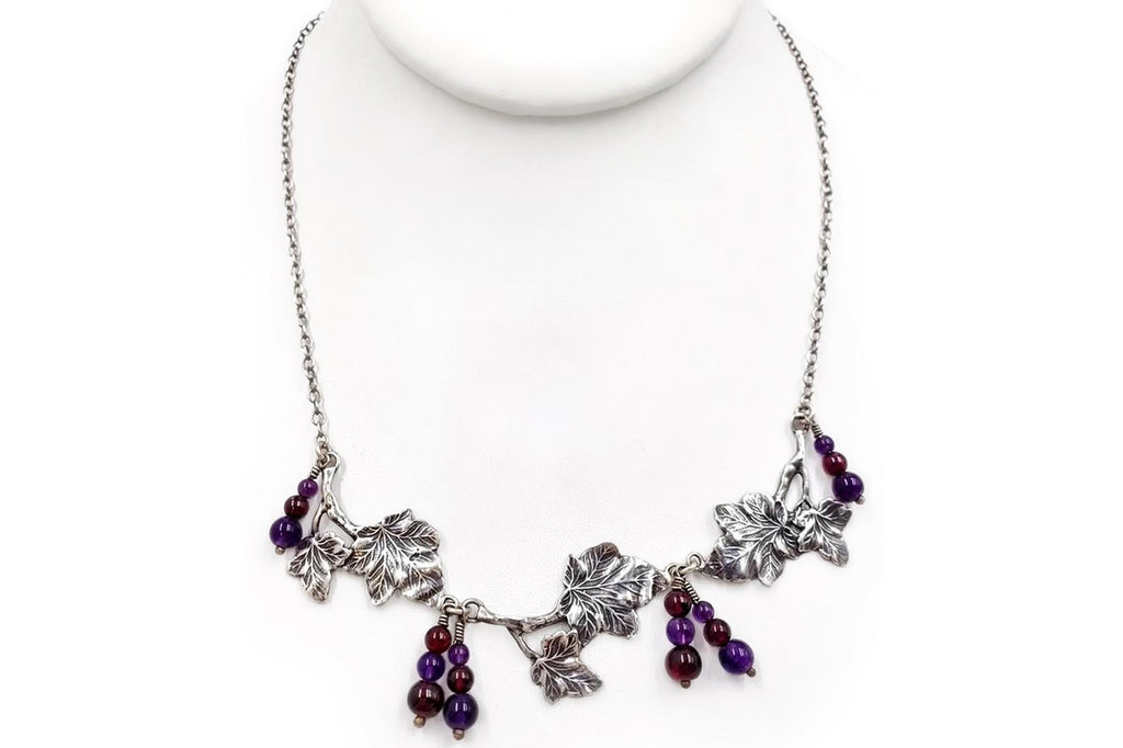 Vintage Wedding Necklace, Sterling Silver And Amethyst Garnet Beads, Grape Vine Design, Round Graduated Beads, Fashion Accessories