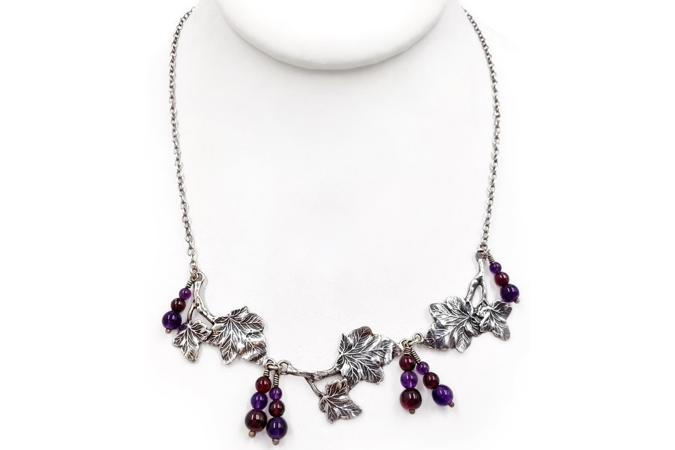 Vintage Wedding Necklace, Sterling Silver And Amethyst Garnet Beads, Grape Vine Design, Round Graduated Beads, Fashion Accessories