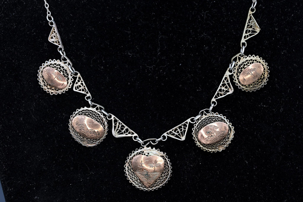 Art Deco Egypt Bib Necklace, 900 Silver And Rose Gold Wash, Filigree Wirework Medallions, Middle East And North African Fashion Accessories