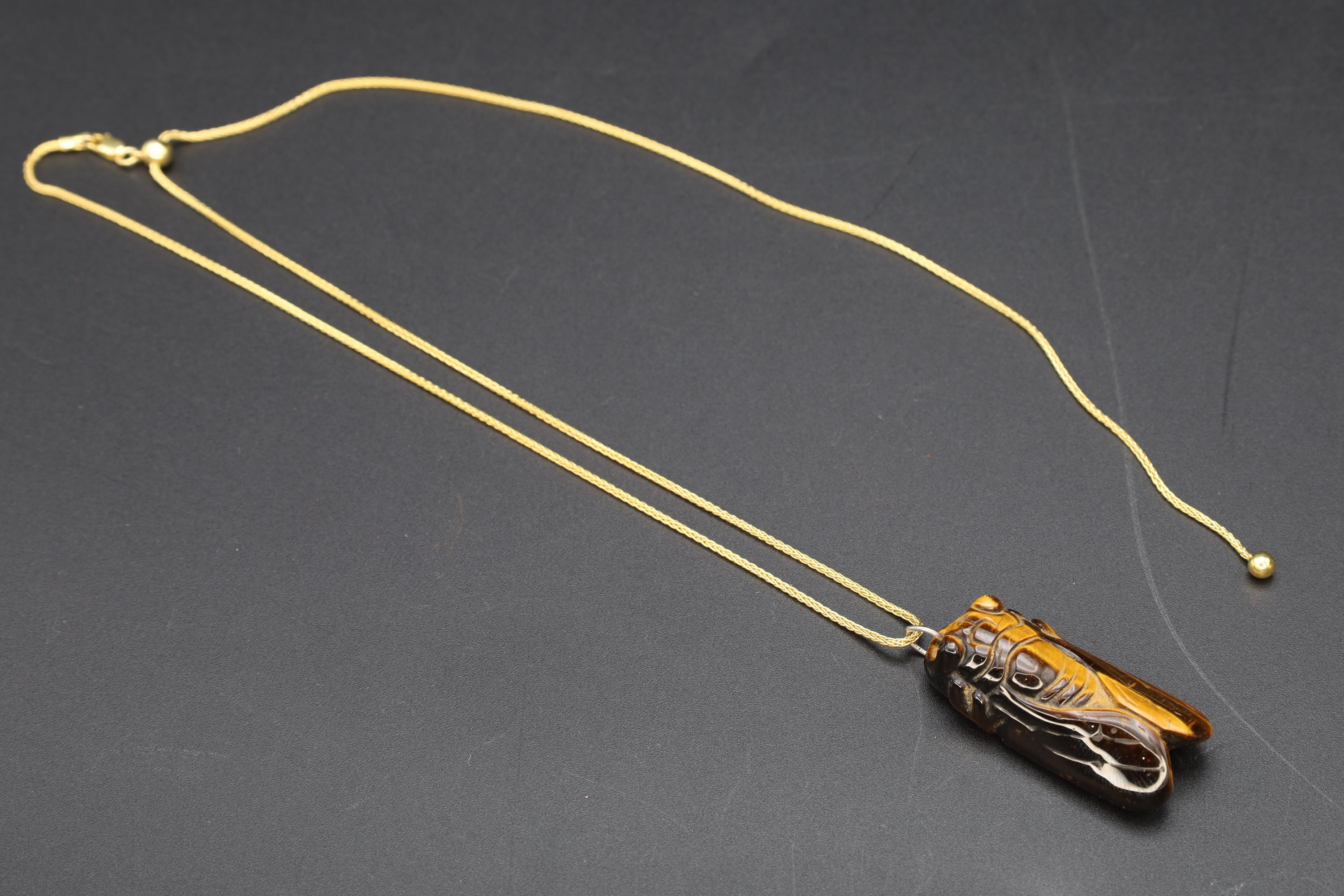 Cicada Pendant Necklace, A Carved Tigers Eye Gemstone With A Gold Vermeil Lariat Chain, Asian Oriental Jewelry, Immortality, Rebirth Symbols