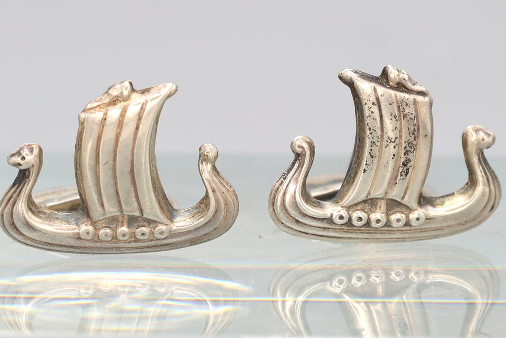 Mid Century Mens Jewelry Cufflinks, Denmark Scandinavian Viking Ship, Sailing Ship, Vintage 830 Silver Hallmarks Cuff Links Pair