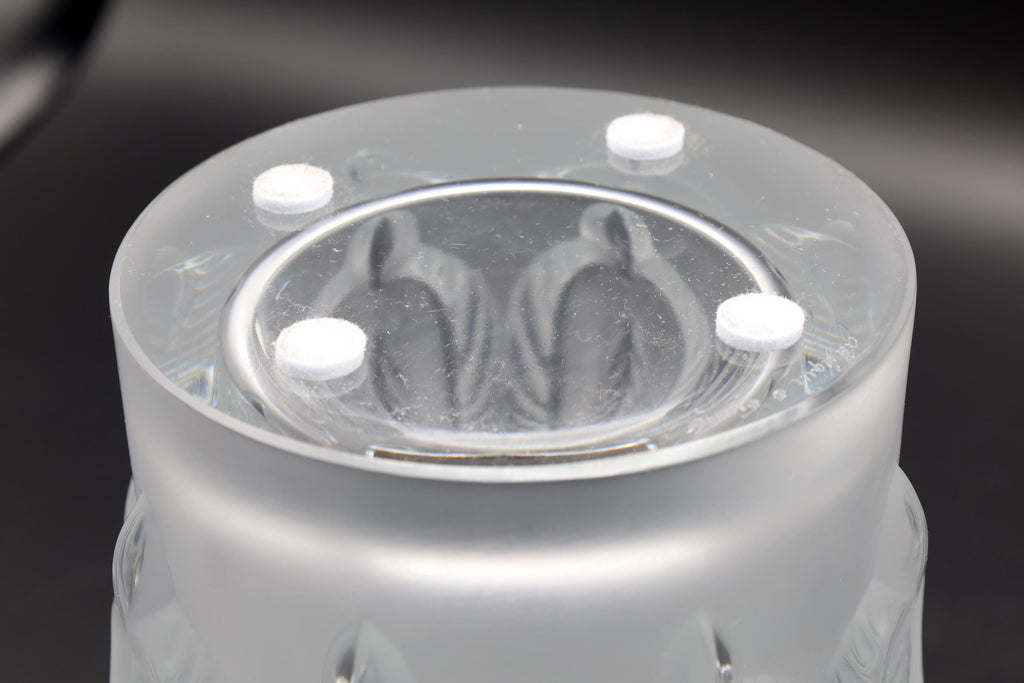 Vintage Lalique Esna Vase, Clear and Frosted Crystal Glass, 1984 Hand Signed, Peacock Feathers Vessel In Art Deco Style, Frosted Cut Glass