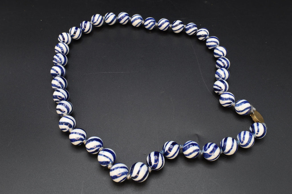 Art Deco Porcelain Beaded Necklace With Watermelon Blue And White Ball Round Beads. Chinese Exports Circa 1930s. Hand Knotted Folk Jewelry