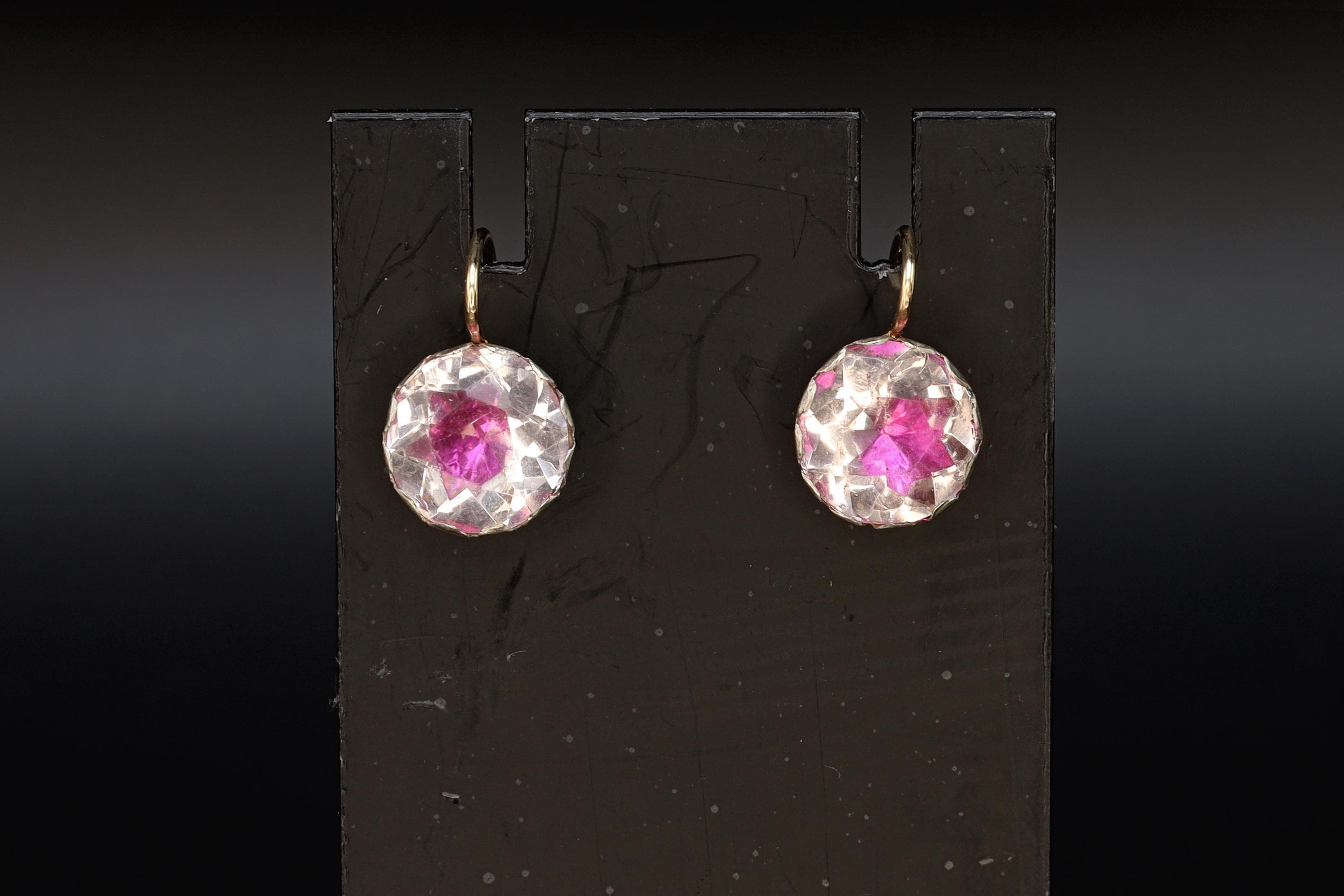 Georgian England Jewelry, Antique 1800s To 1820s Georgian Amethyst Paste Earrings On Fine Sterling Settings And 18kt Gold Wires