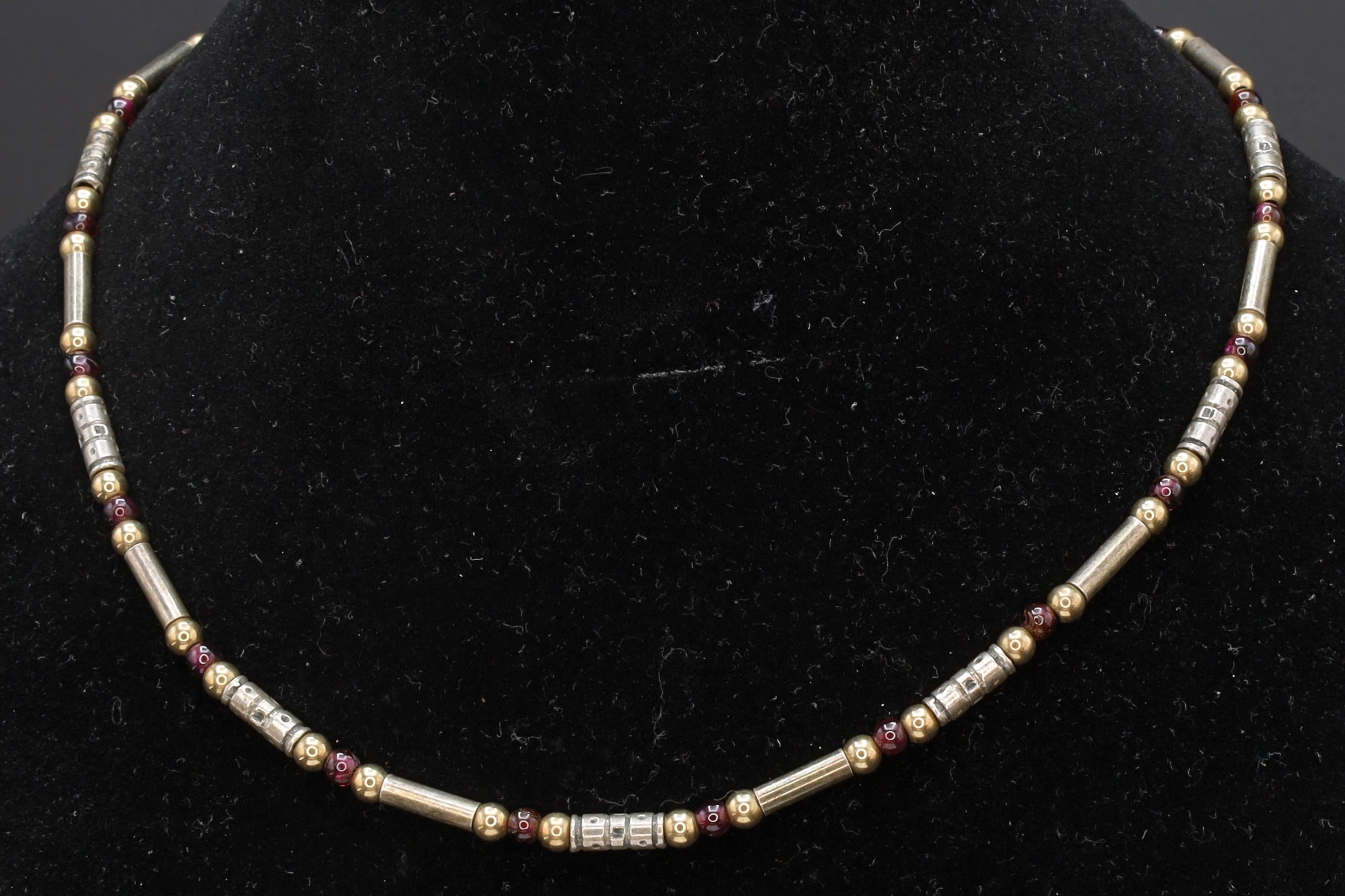 Modernist Bar Ball Chain Necklace, 925 Sterling Silver, Gold Wash And Pink Red Garnet, 16 inches Length Specialty Chain, Fashion Link Collar