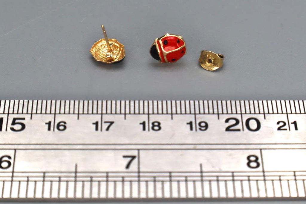 Ladybird Beetle, Small Baby Stud Earrings, Made Out With 14 Karats Yellow Gold And Colorful Enamel In Red Black, Children Jewelry