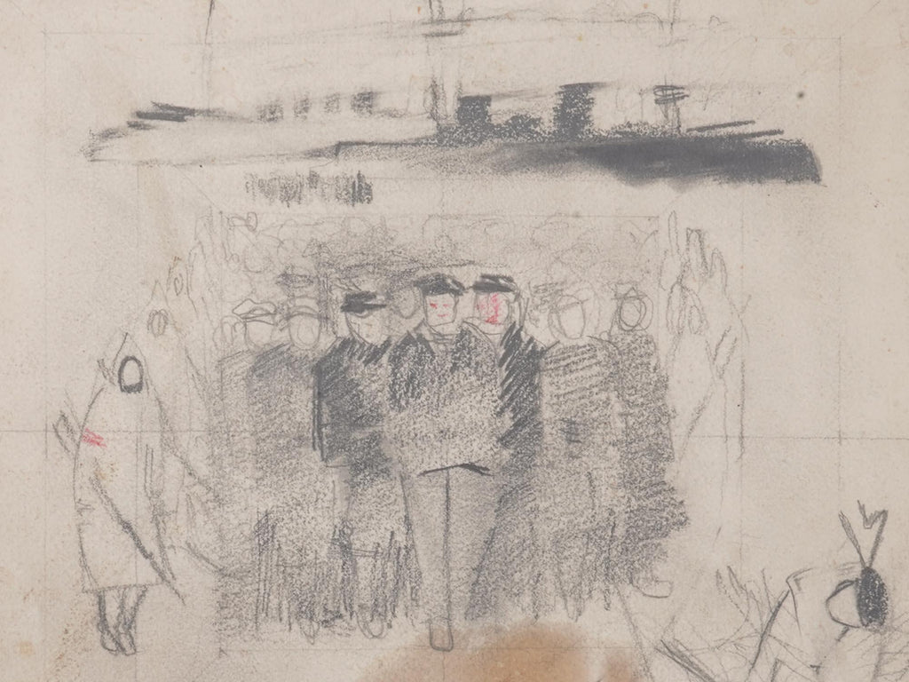 Konstin Vialov, Vintage 1930s Russia, Soviet Union Art, Handmade Sketch Pencil Painting On Thick Paper, Military Warships, Signed On Verso