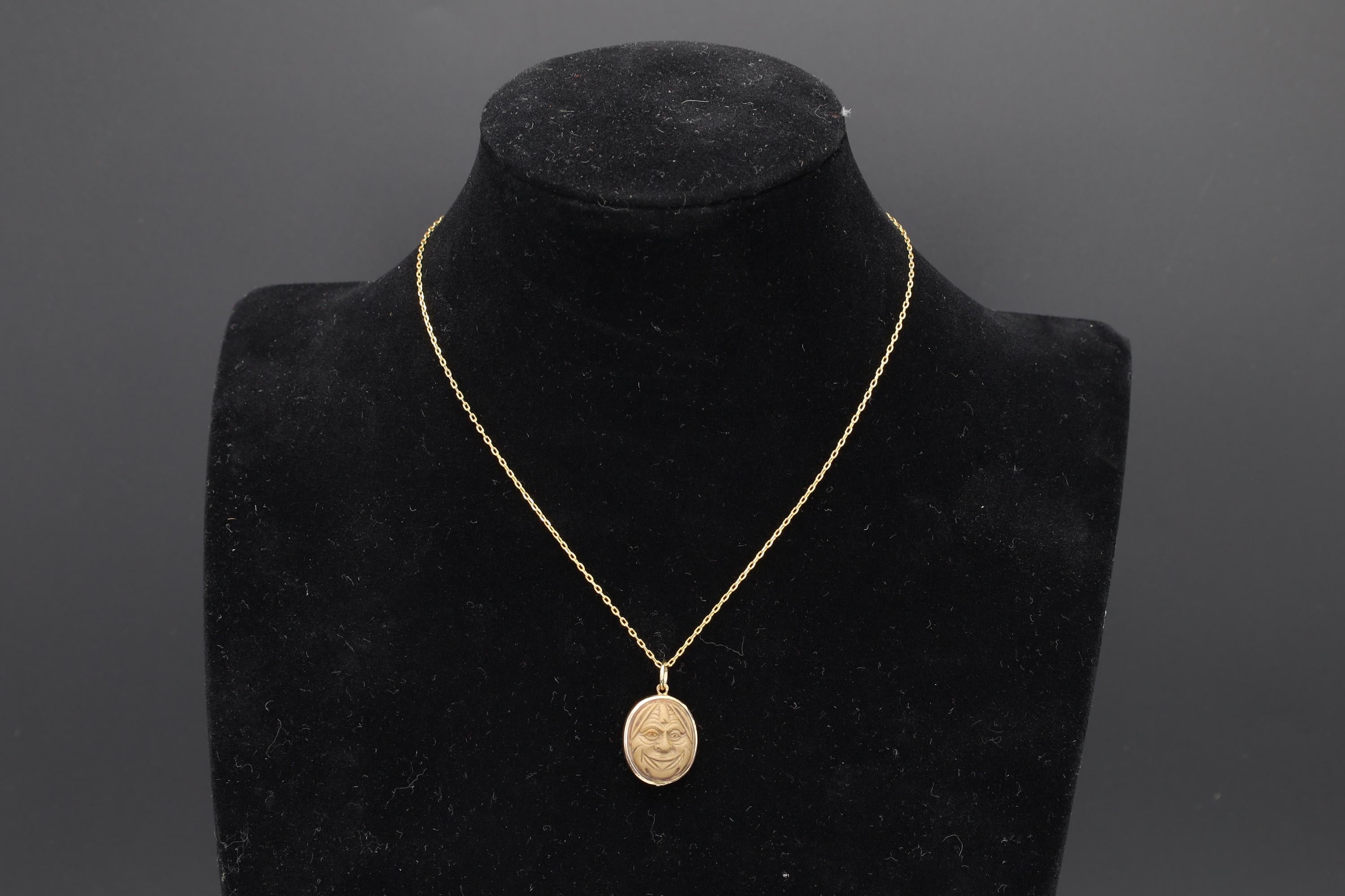 Carved Volcanic Lava Cameos On 13 Karats Rose Gold Pendant, Medusa Gorgoneion And Female Patrician, Gold Wash Chain, Grand Tour Jewelry