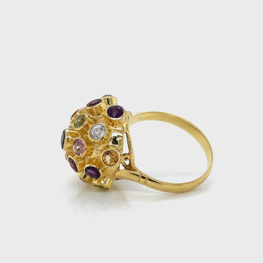 Sputnik Statement Ring For Woman, 18 Karat Yellow Gold Ring Size 6.25 With Multiple Gemstones And Avant Garde Design, Weight 5.9 Grams
