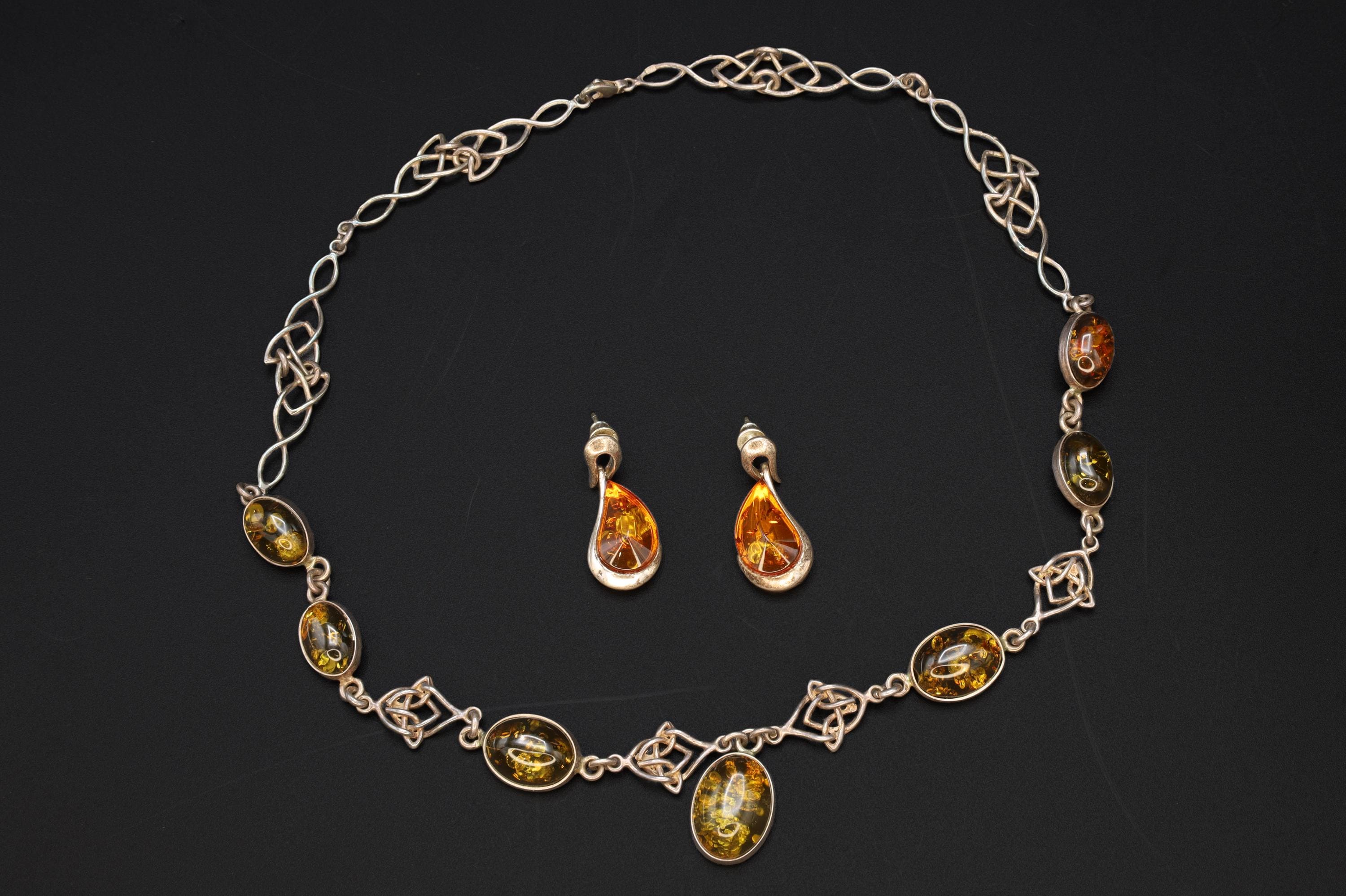 Baltic Amber And Sterling Silver Jewelry Set Arrangement, Irish Celtic Knot Necklace, Poland Drop Earrings, Vintage 1990s Modernist Design
