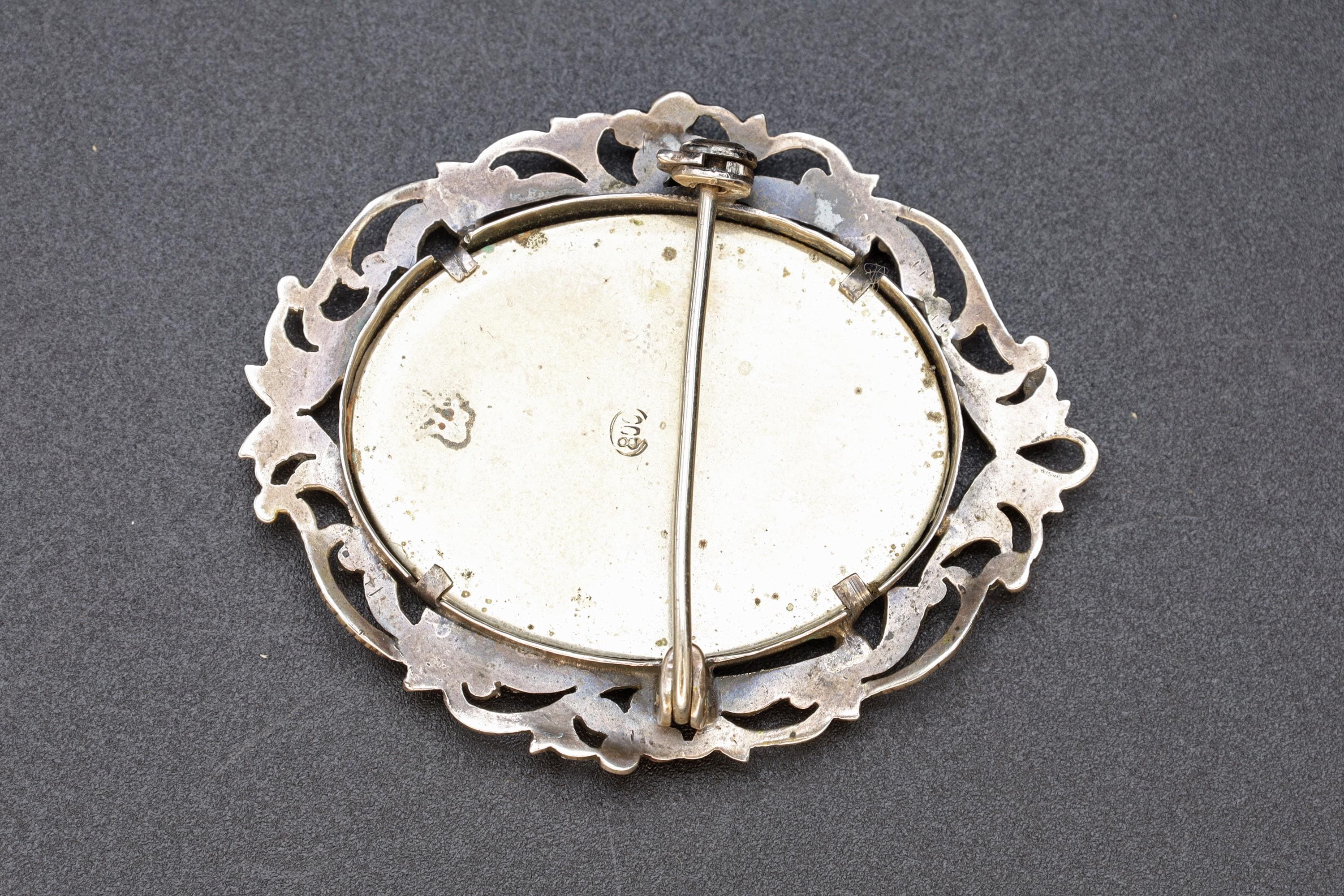 Saint Fabiola Of Rome, Antique 800 Silver Brooch Pin With A Hand Painted Religious Icon Medaillon, Art Deco Miniature Jewelry From Italy