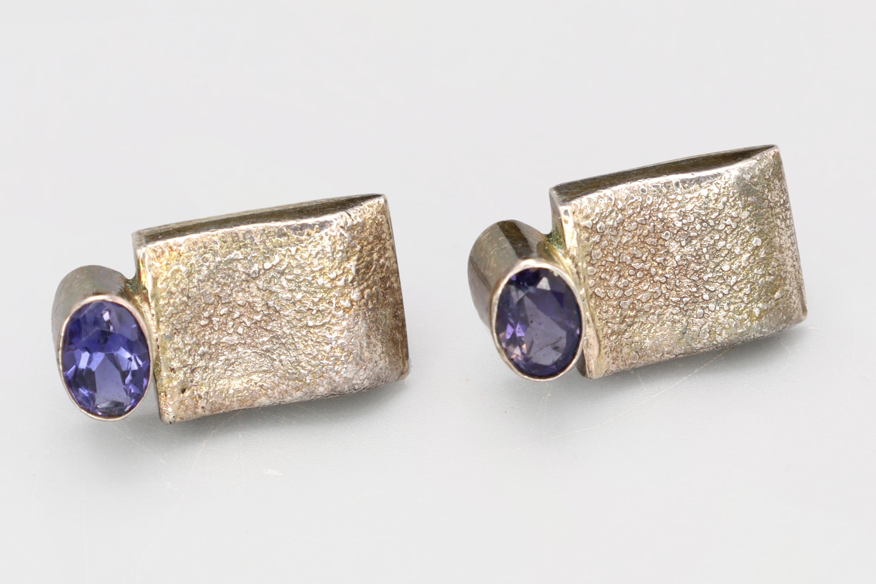 Vintage Stud Earrings, 925 Sterling Silver And Faceted Amethyst Cabochons, Fashion Jewelry