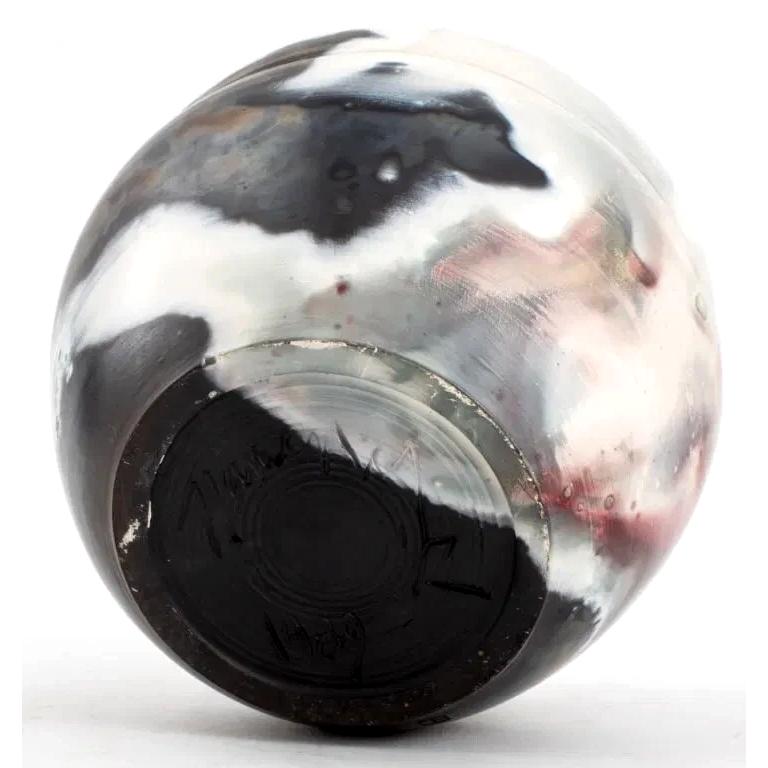 Andre Namenek, Abstract Contemporary Design Art Pottery Covered Jar, 1989 Signed. A Round Brutalist Modernist Jar With White And Blue Glaze