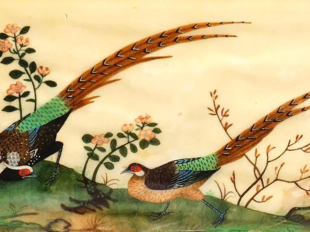 Antique 19th Century Imperial China Qing Dynasty Artwork, Pheasants Birds In A Garden, Painting In Rice Paper, Oriental Art Collectibles