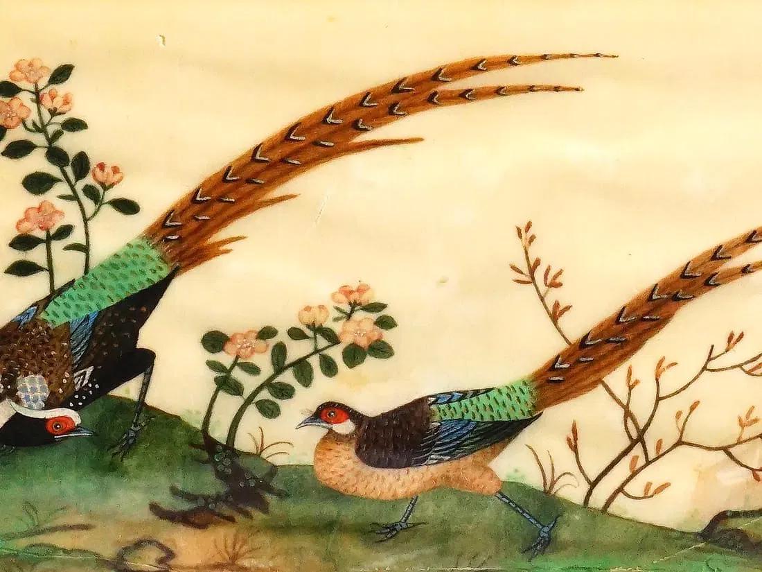Antique 19th Century Imperial China Qing Dynasty Artwork, Pheasants Birds In A Garden, Painting In Rice Paper, Oriental Art Collectibles