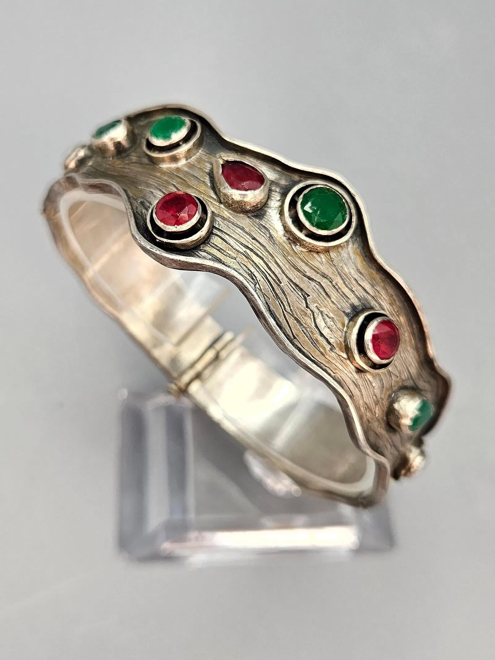 Vintage 1960s Hinged Panel Bracelet, Sterling Silver And Rubies And Emeralds, Custom Made As A Wedding Gift, London UK. Length 8 inches