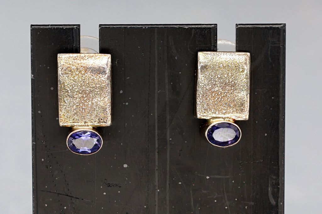 Vintage Stud Earrings, 925 Sterling Silver And Faceted Amethyst Cabochons, Fashion Jewelry