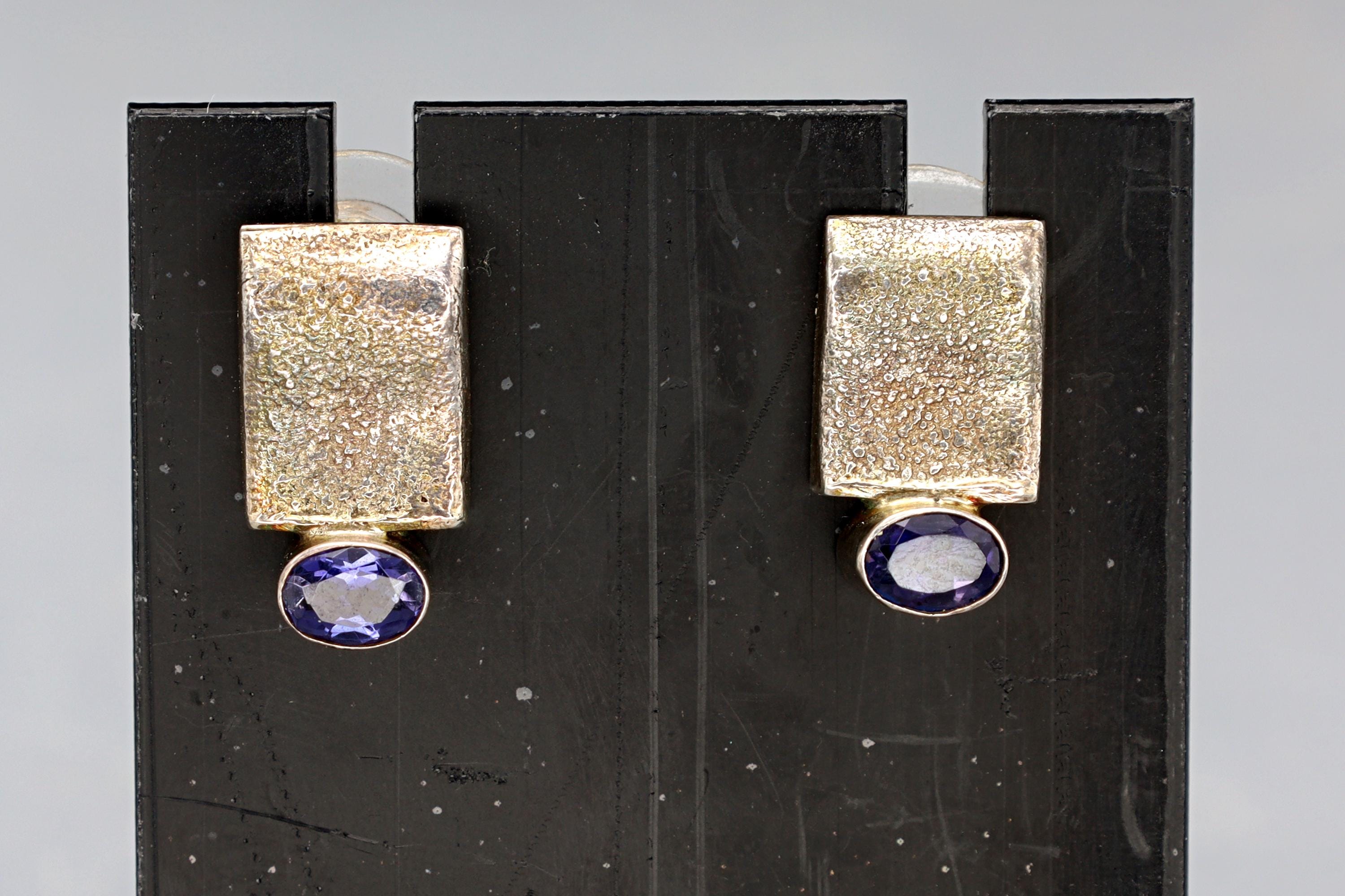Vintage Stud Earrings, 925 Sterling Silver And Faceted Amethyst Cabochons, Fashion Jewelry