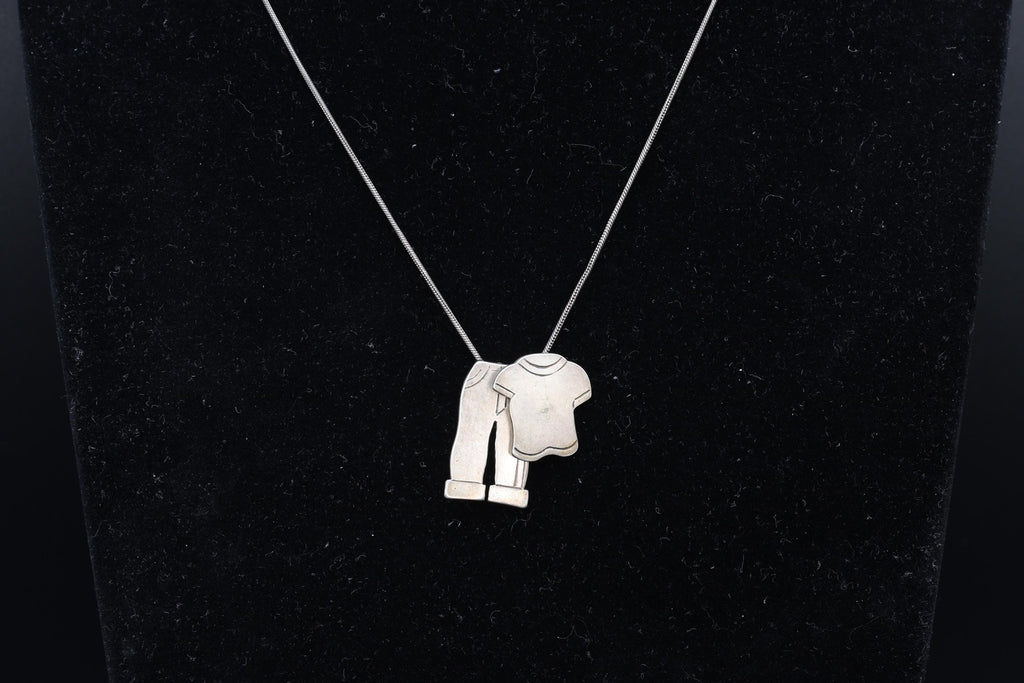 Shirt And Pants, Figural Jewelry Designs With 2 Two Pendants In A Cable Chain And Large Stud Earrings, 925 Sterling Silver