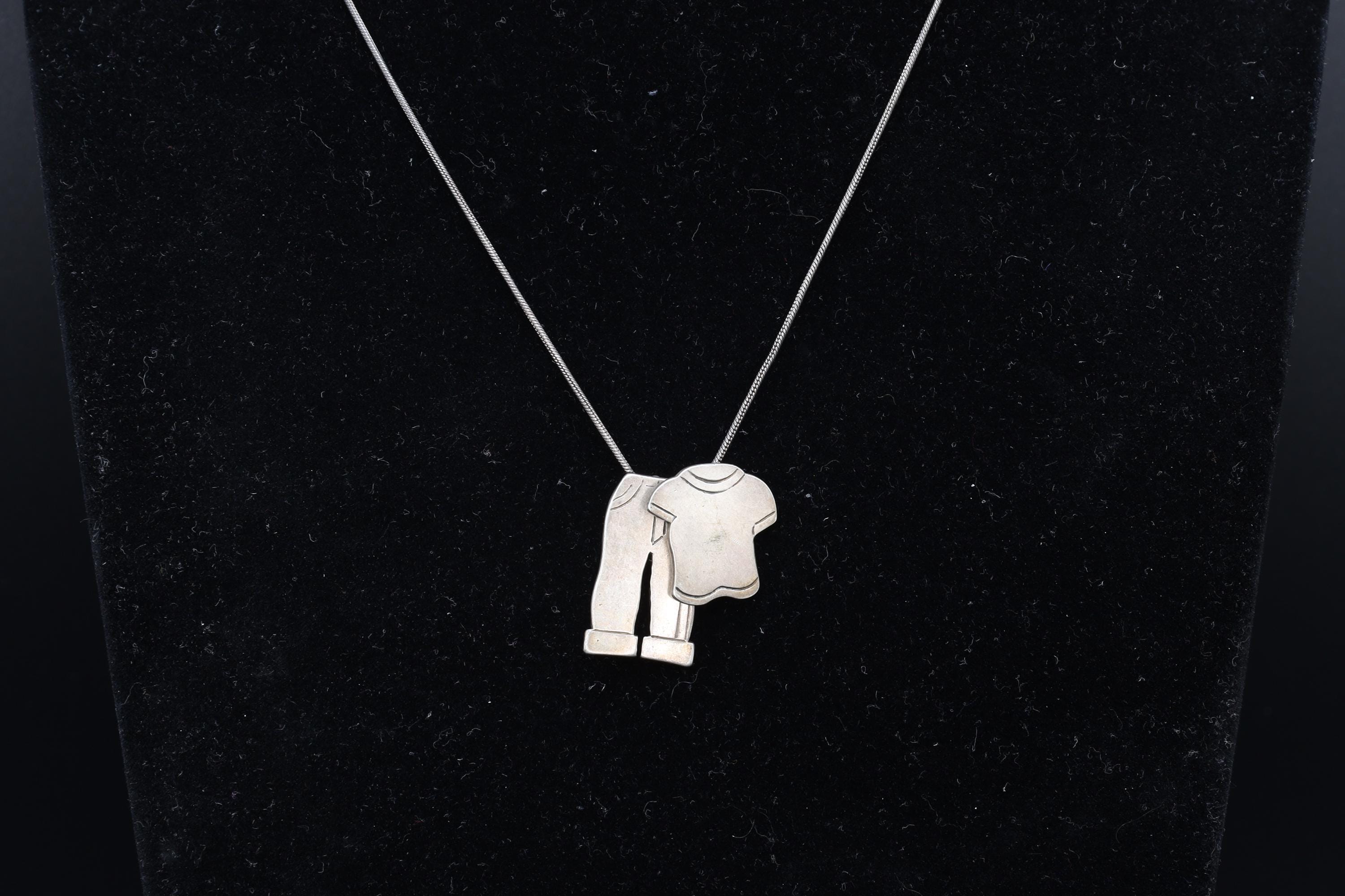 Shirt And Pants, Figural Jewelry Designs With 2 Two Pendants In A Cable Chain And Large Stud Earrings, 925 Sterling Silver